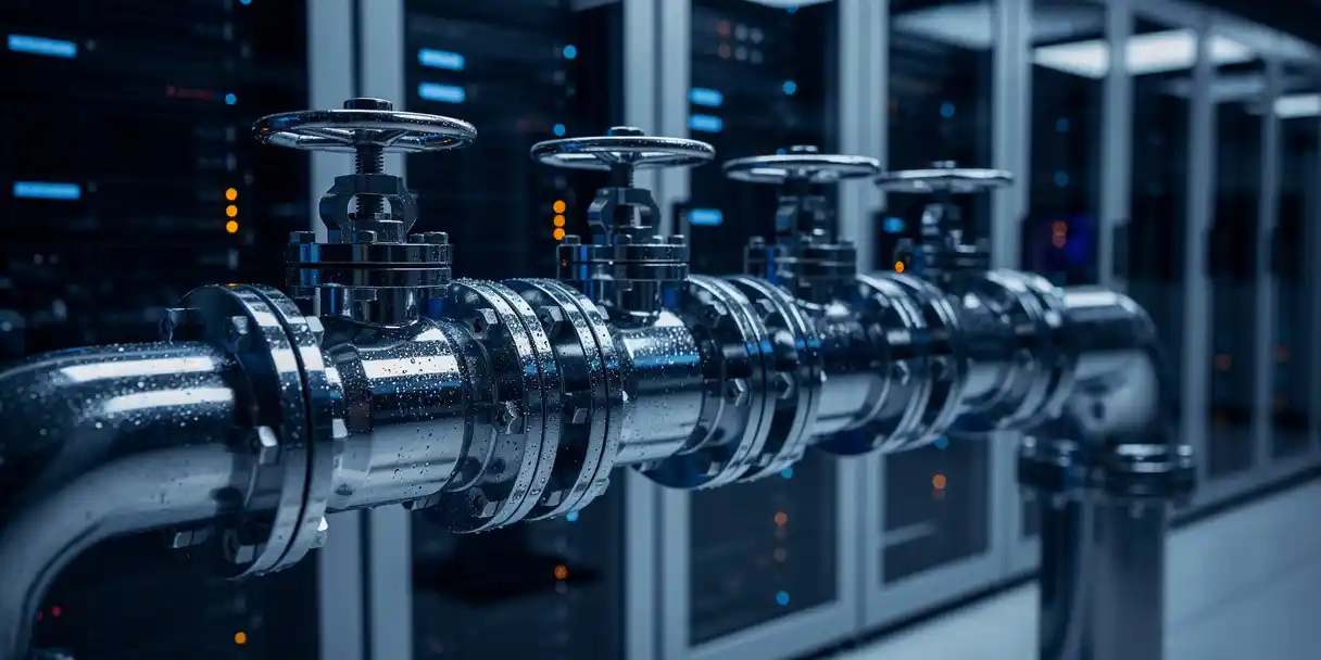 Chrome industrial pipeline with five valve sections in a server room, lit by cool blue ambient light with amber highlights.