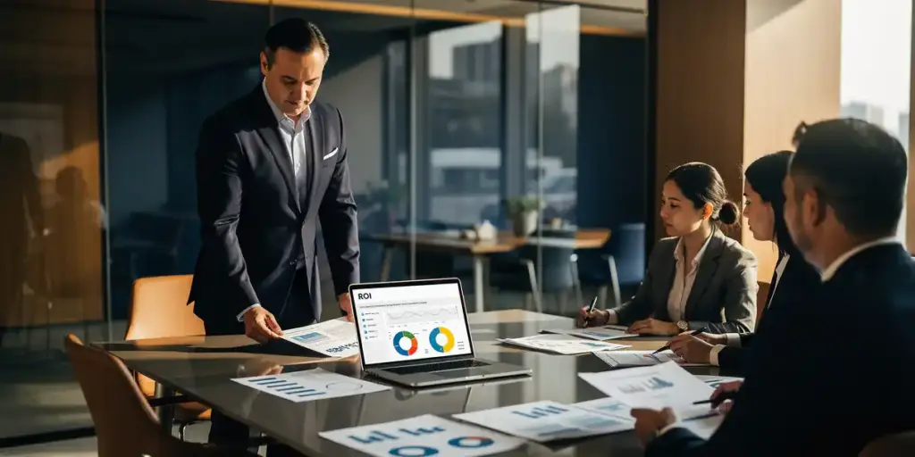 IT leader presenting printed ROI report at boardroom table with analytics dashboard on laptop, colleagues reviewing documents in modern office.