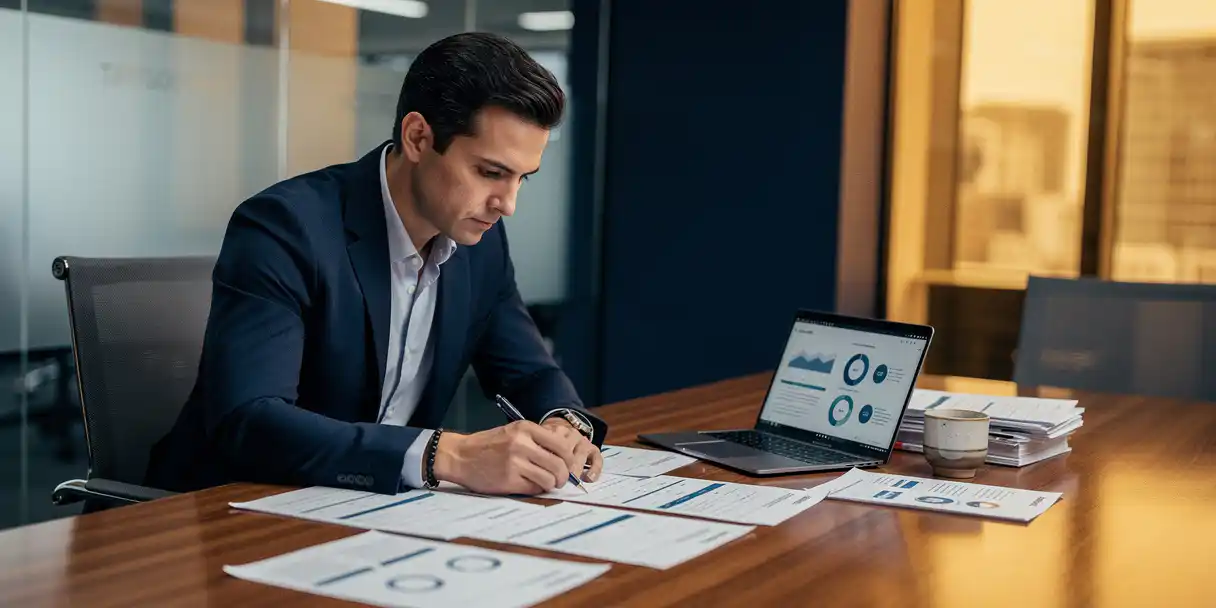 IT manager in a blazer reviewing a deployment roadmap on a conference table beside a laptop showing dashboard charts and stacked reports.