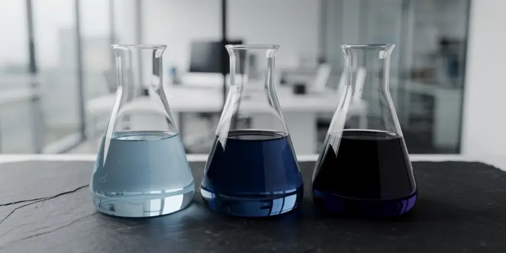 Four glass laboratory flasks in a line on dark slate, each filled with progressively deeper blue liquid representing staged deployment environments.