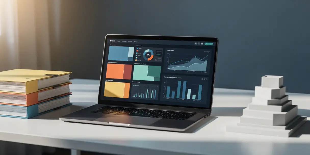 Laptop showing layered analytics dashboard on a modern desk beside stacked folders and a small architectural model representing deployment stages.