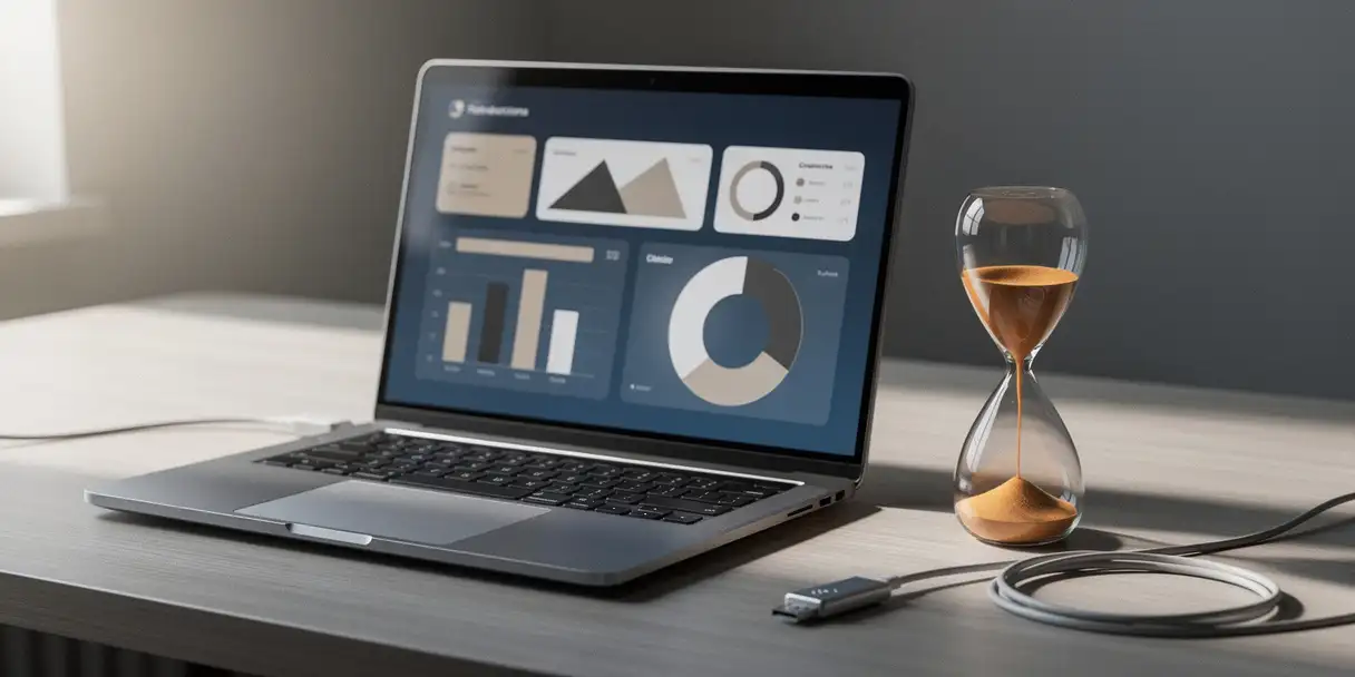 Laptop displaying a dashboard interface on a minimalist desk, beside a half-empty hourglass, USB drive, and cables in cool blue and amber tones.