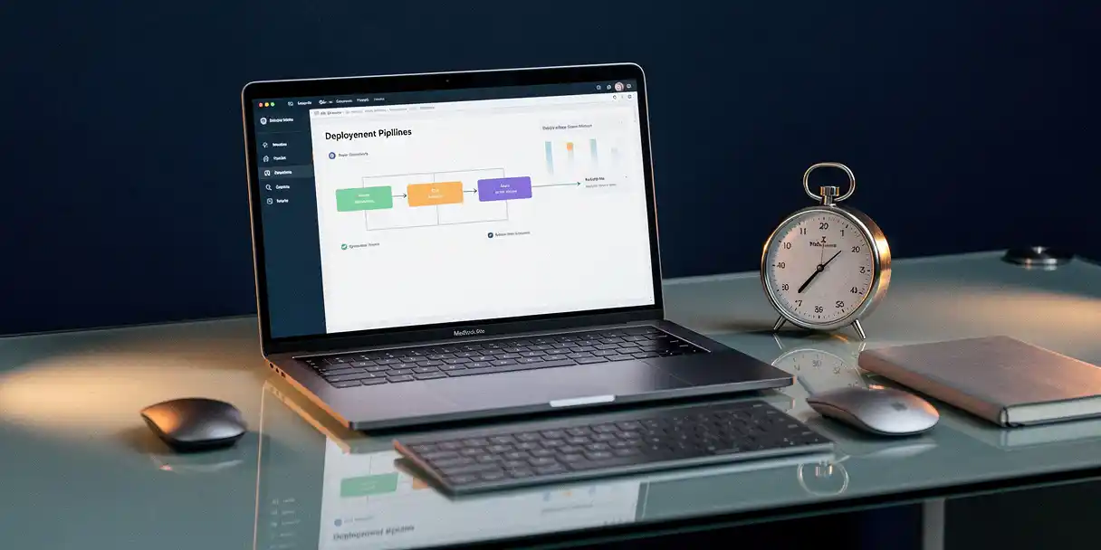 Laptop showing a deployment pipeline dashboard on a glass desk beside an analog timer, lit with navy and amber tones.
