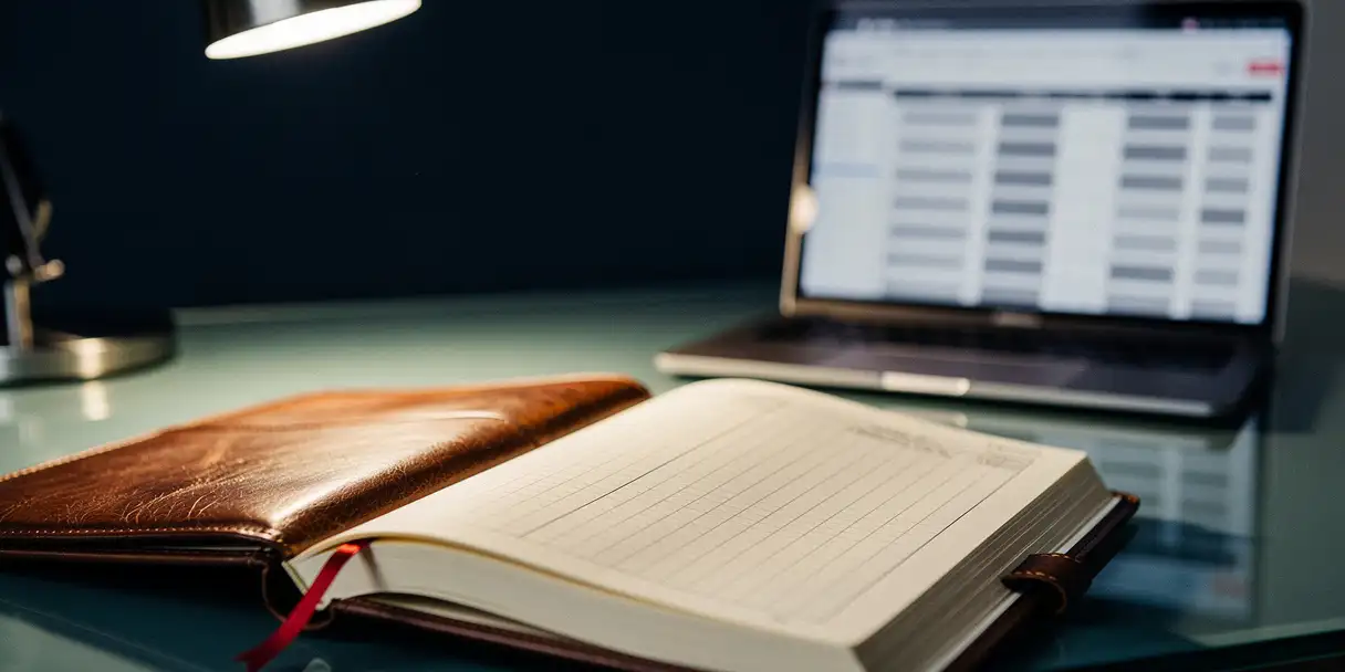 Open leather-bound audit ledger with red ribbon bookmark on a glass desk, laptop displaying data rows softly blurred behind it.