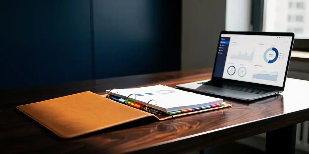 Leather-bound binder with tabbed sections open beside a laptop showing dashboard charts on a dark oak desk in a corporate office.