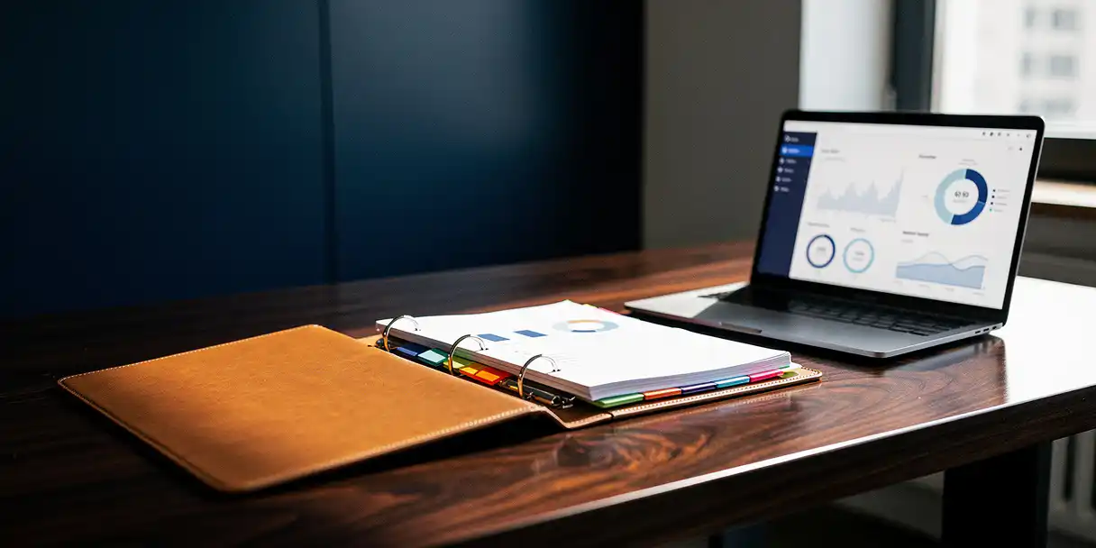 Leather-bound binder with tabbed sections open beside a laptop showing dashboard charts on a dark oak desk in a corporate office.
