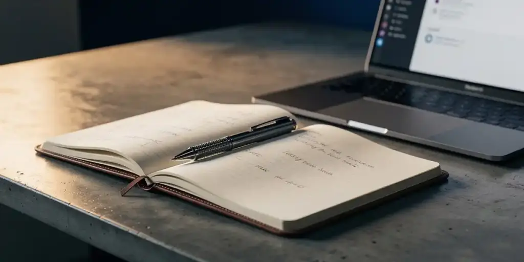 Leather-bound notebook with handwritten version history annotations beside a laptop on a concrete desk, mechanical pen resting on the spine.