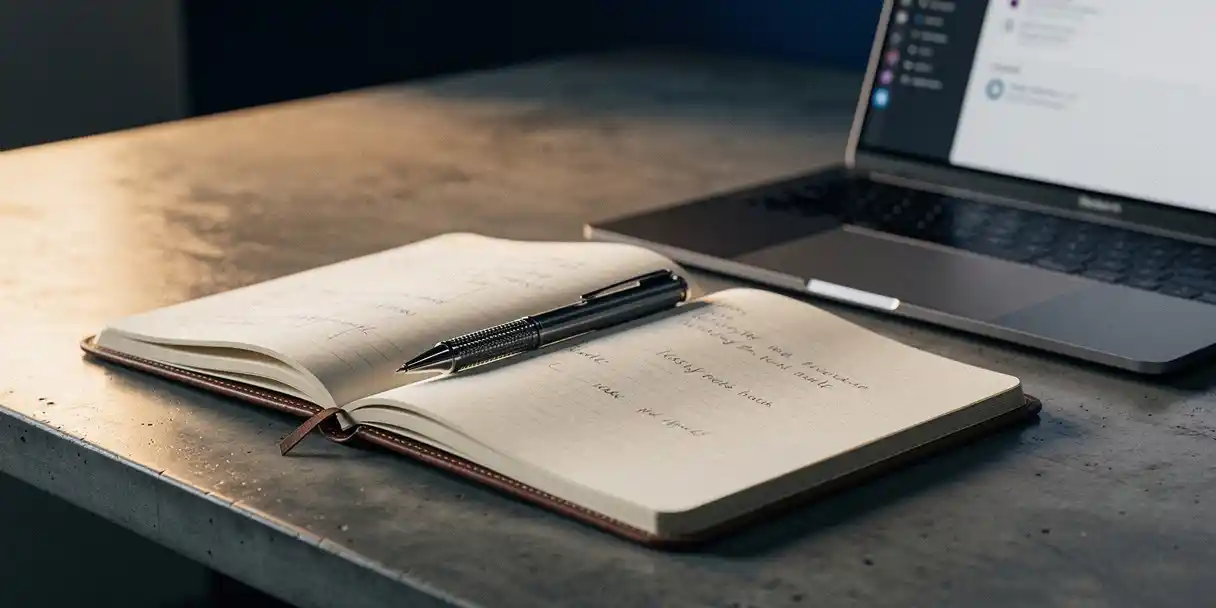 Leather-bound notebook with handwritten version history annotations beside a laptop on a concrete desk, mechanical pen resting on the spine.