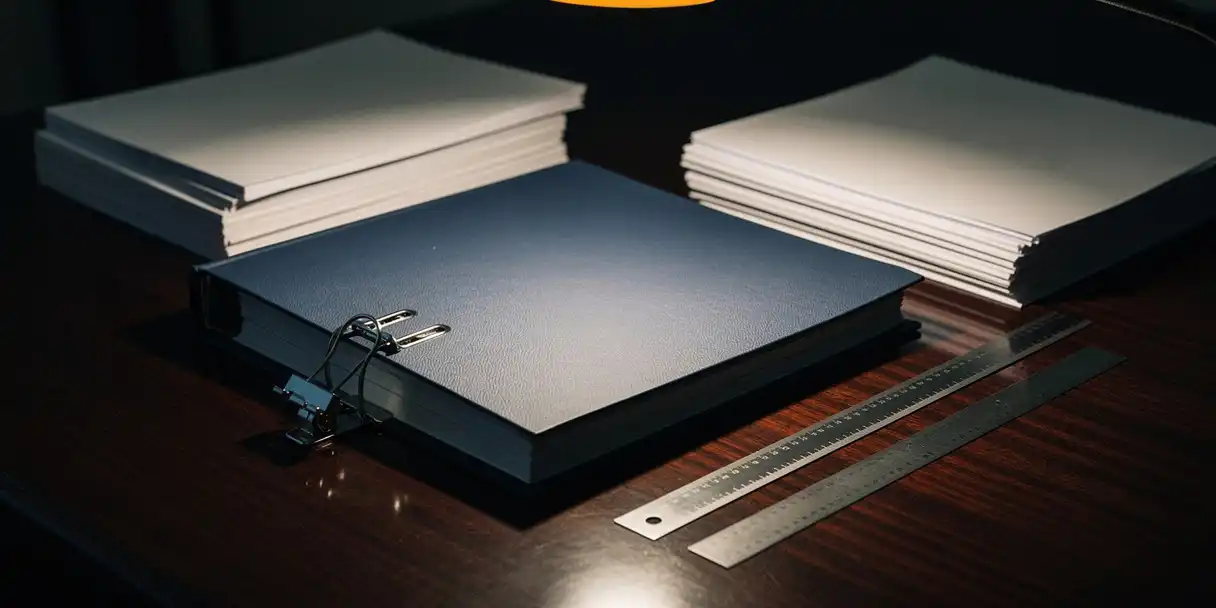 Legal compliance binder with metal clasp on mahogany desk, surrounded by financial audit documents and ruler under warm desk lamp.