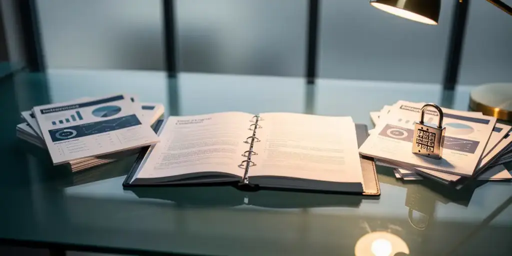 Open legal compliance binder on a glass desk with enterprise dashboard printouts and a combination lock under warm office lighting.