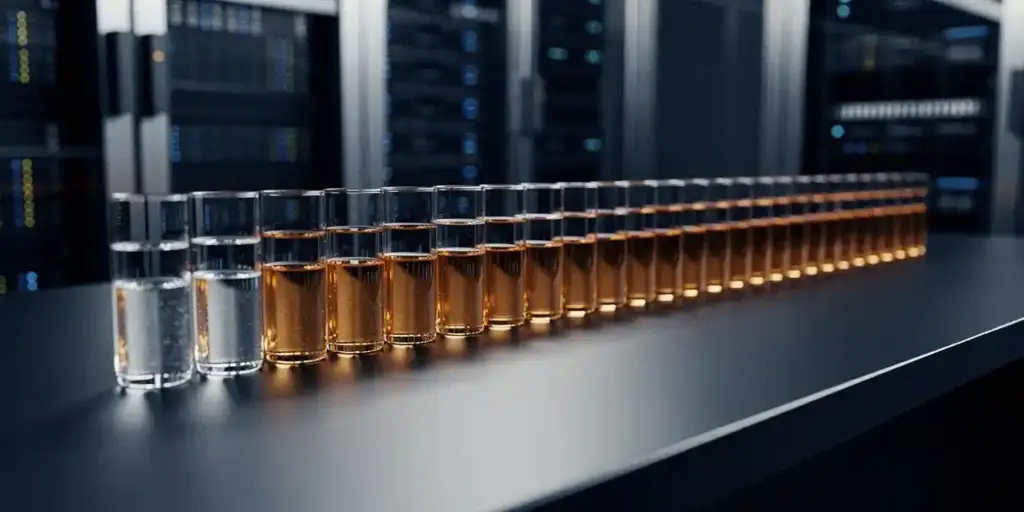 Glass containers on a dark desk holding progressively refined liquid, symbolizing software development pipeline stages, server room blurred in background.