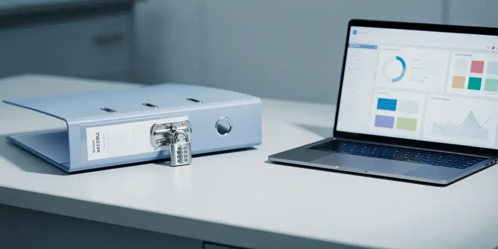 Medical records binder secured with a steel combination lock beside a laptop displaying data dashboards in a clinical setting.