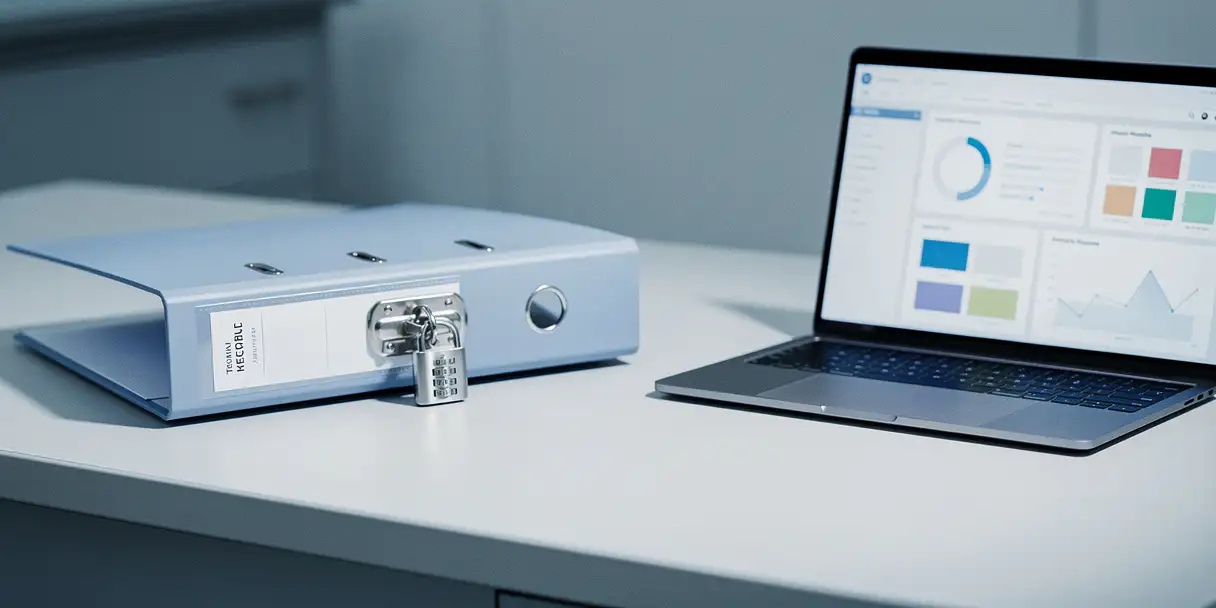 Medical records binder secured with a steel combination lock beside a laptop displaying data dashboards in a clinical setting.