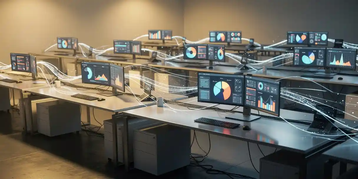 Interconnected modular workstations in an open-plan tech office with glowing dashboard monitors, warm amber lighting, and steel-blue and gold tones.