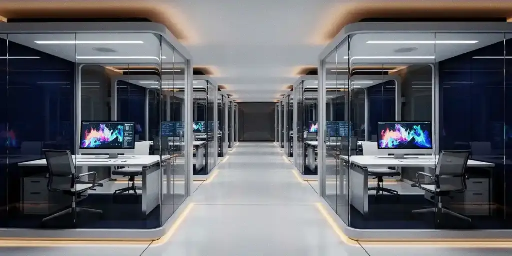 Glass-walled office pods connected by white corridors, each displaying colorful data dashboards, branching from a central command hub in navy and silver tones.