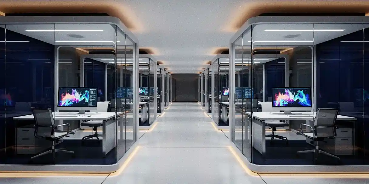 Glass-walled office pods connected by white corridors, each displaying colorful data dashboards, branching from a central command hub in navy and silver tones.