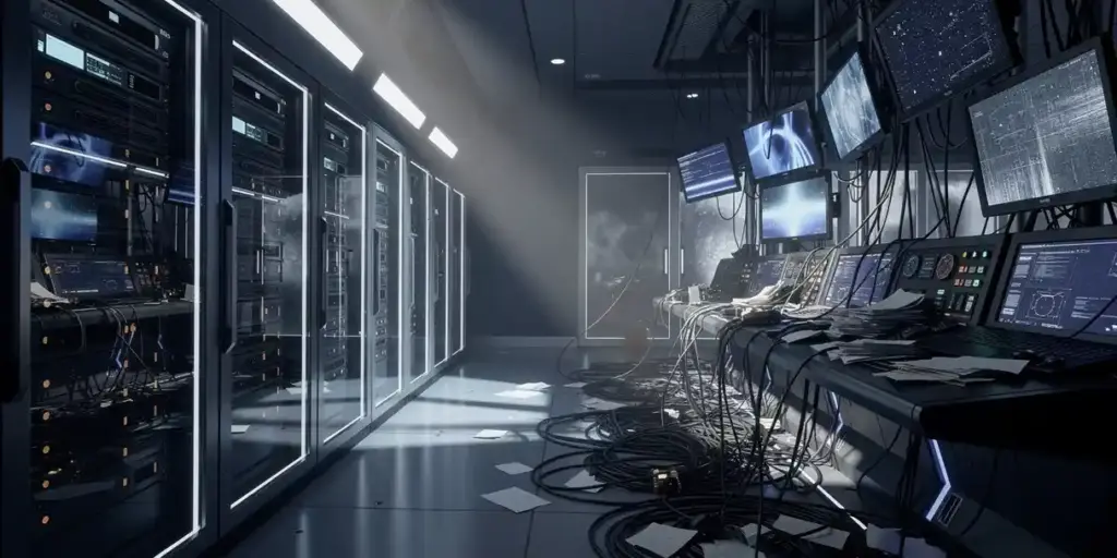 Organized server room with glowing dashboards transitions into chaotic cables and flickering screens, illustrating IT infrastructure contrast.
