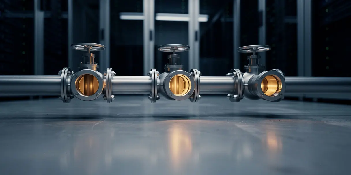 Silver pipeline with five progressively open amber-glowing valve stations crossing a server room floor, bathed in navy and warm amber tones.