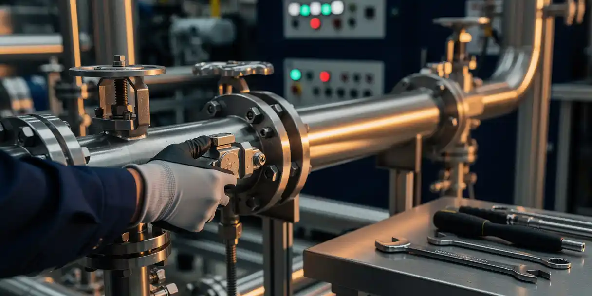 Gloved technician adjusting a precision valve on an industrial pipe system, with construction tools nearby and a control room in the background.