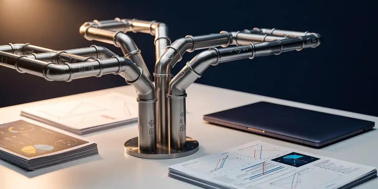 Branching steel pipeline tubes with version tags at junctions on a desk beside dashboard printouts and a laptop.