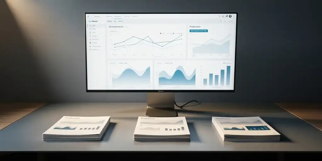 Power BI dashboard glowing on an ultrawide monitor beside three stacked printed reports representing dev, staging, and production pipeline stages.