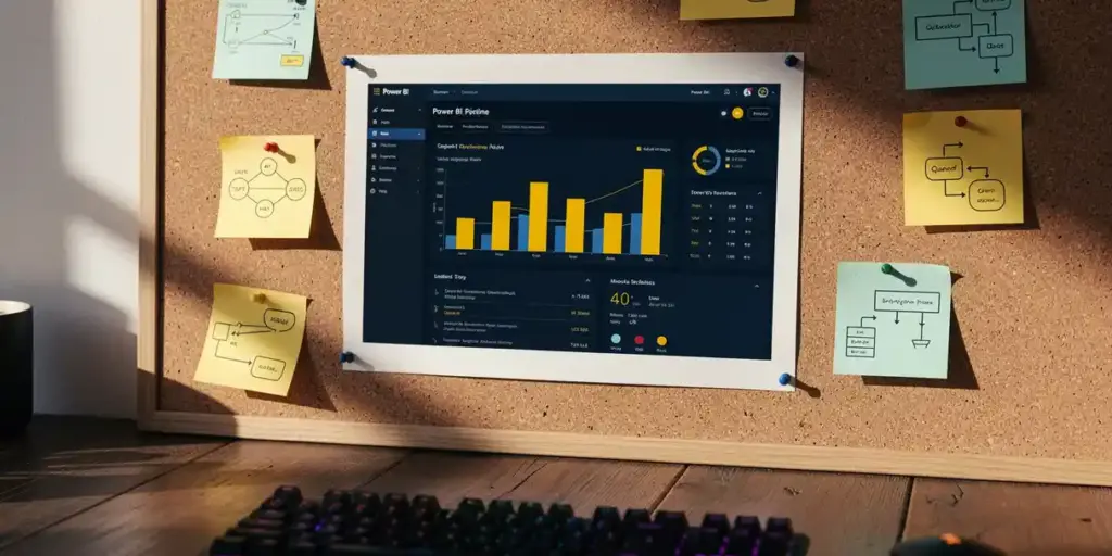 Power BI dashboard report pinned to a corkboard with sticky notes and deployment diagrams, mechanical keyboard below, modern office setting.