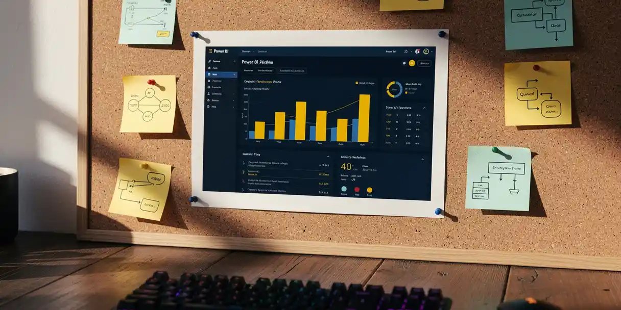 Power BI dashboard report pinned to a corkboard with sticky notes and deployment diagrams, mechanical keyboard below, modern office setting.