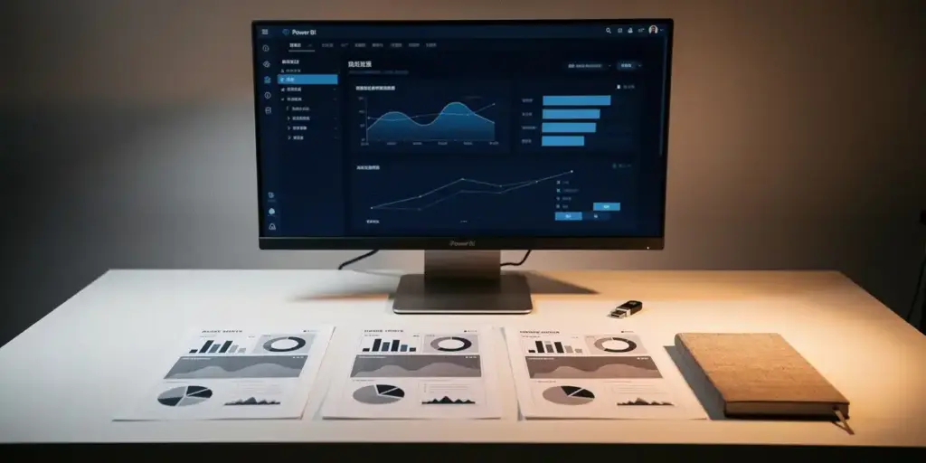 Power BI dashboard glowing on a monitor beside printed report sheets showing development-to-production progression on a clean developer desk.