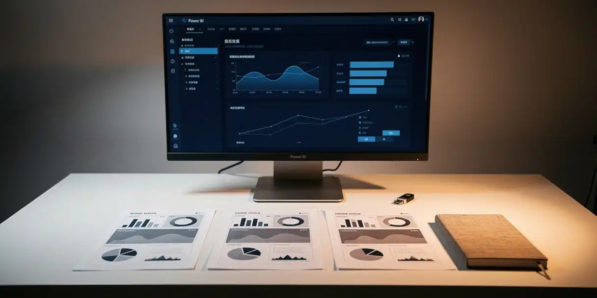 Power BI dashboard glowing on a monitor beside printed report sheets showing development-to-production progression on a clean developer desk.