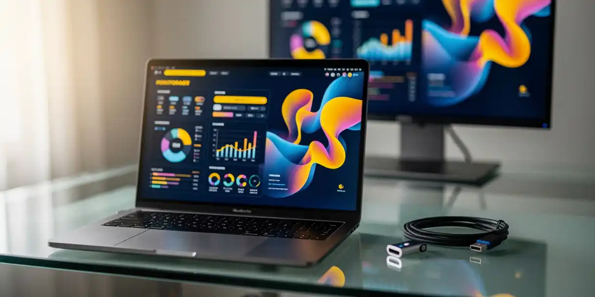 Laptop displaying colorful Power BI dashboard charts on a glass desk, with a second monitor, USB drive, and organized cables nearby.