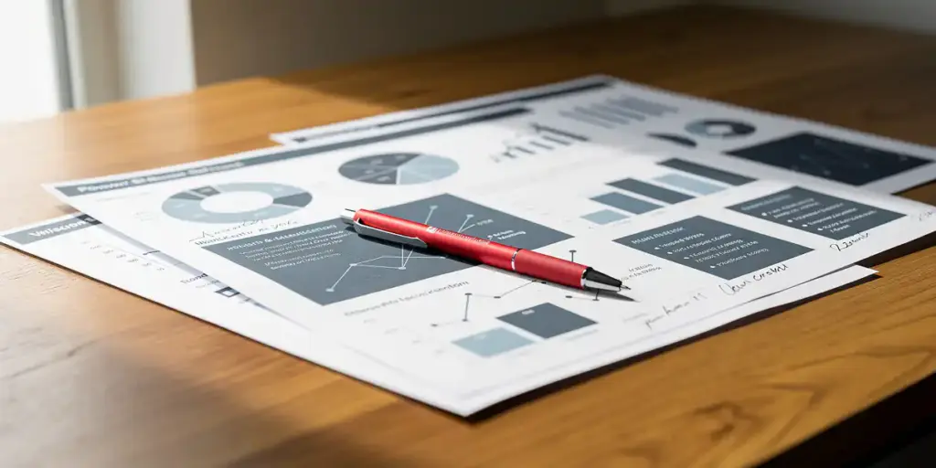 Printed Power BI dashboard report on a modern desk with red markup pen and handwritten version history notes in the margins.