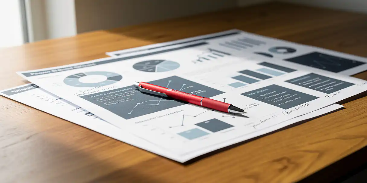 Printed Power BI dashboard report on a modern desk with red markup pen and handwritten version history notes in the margins.