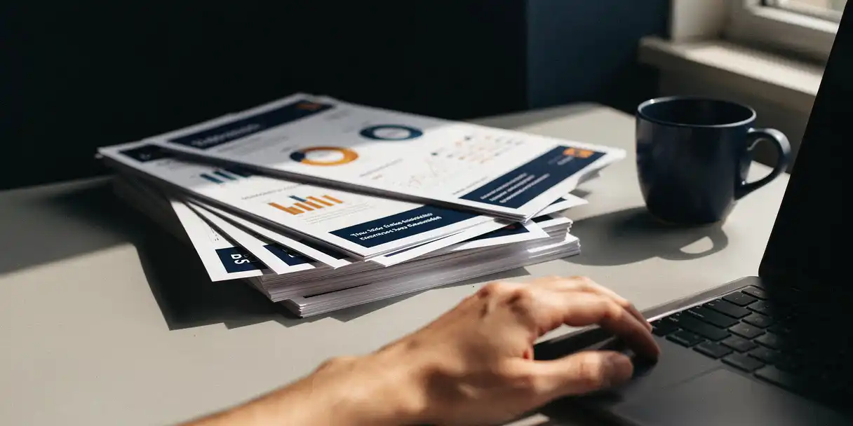 Developer's hand over laptop keyboard beside stacked Power BI dashboard report versions and coffee cup on modern desk.