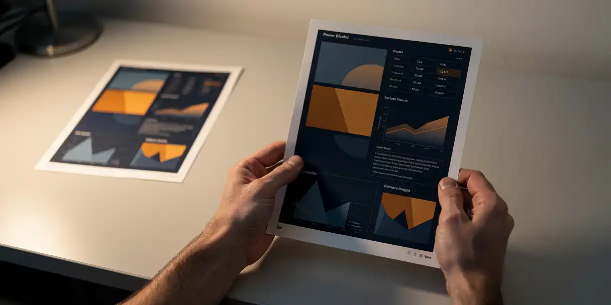 Hands holding a printed Power BI dashboard report over a modern desk, with a second report softly blurred in the background suggesting a staging-to-production pipeline.