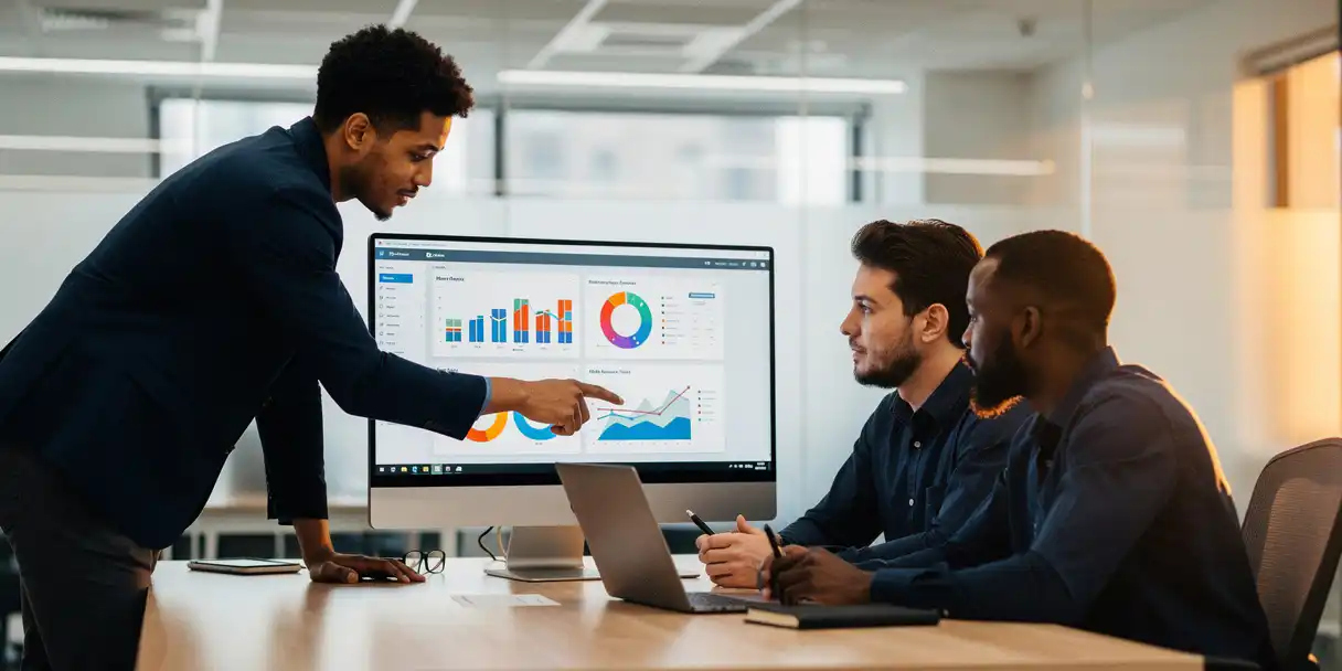 Three developers reviewing colorful Power BI dashboard charts on a large monitor in a modern open-plan office, one pointing at the screen.