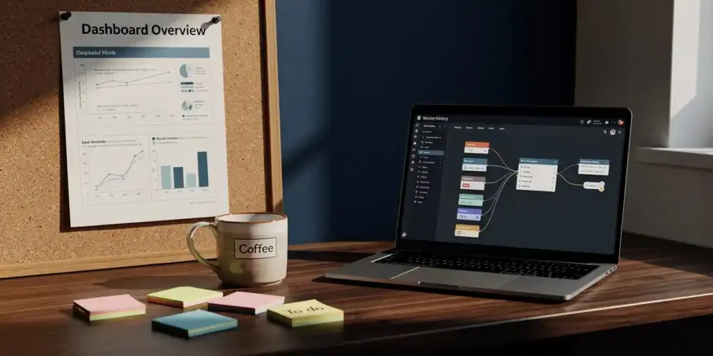 Printed Power BI dashboard pinned to a cork board beside a laptop showing version history branches, coffee mug and sticky notes on a dark oak desk.