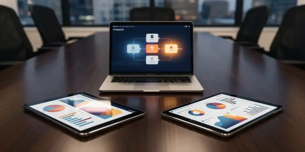 Power BI dashboard and Qlik Sense app displayed side by side on a conference table with a laptop showing deployment pipeline stages.