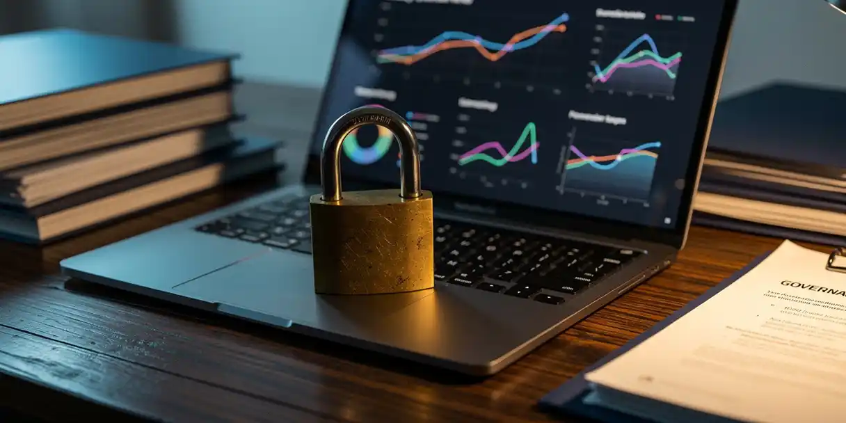 Brass padlock resting on a laptop showing a Power BI dashboard, beside stacked governance documents on a dark oak desk.
