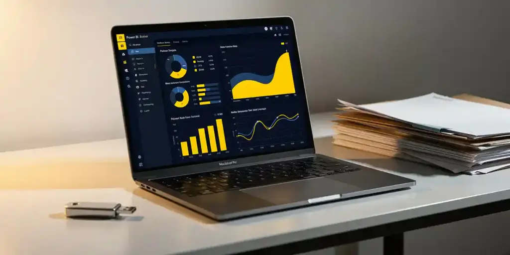 Laptop displaying colorful Power BI data charts on a modern desk with organized folders and a USB drive, navy blue and yellow tones.