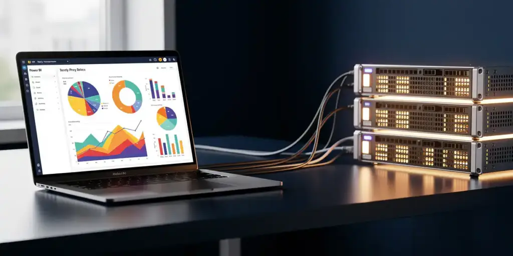 Power BI dashboard on a laptop beside stacked server nodes connected by cables, illustrating a data pipeline in a modern office setting.