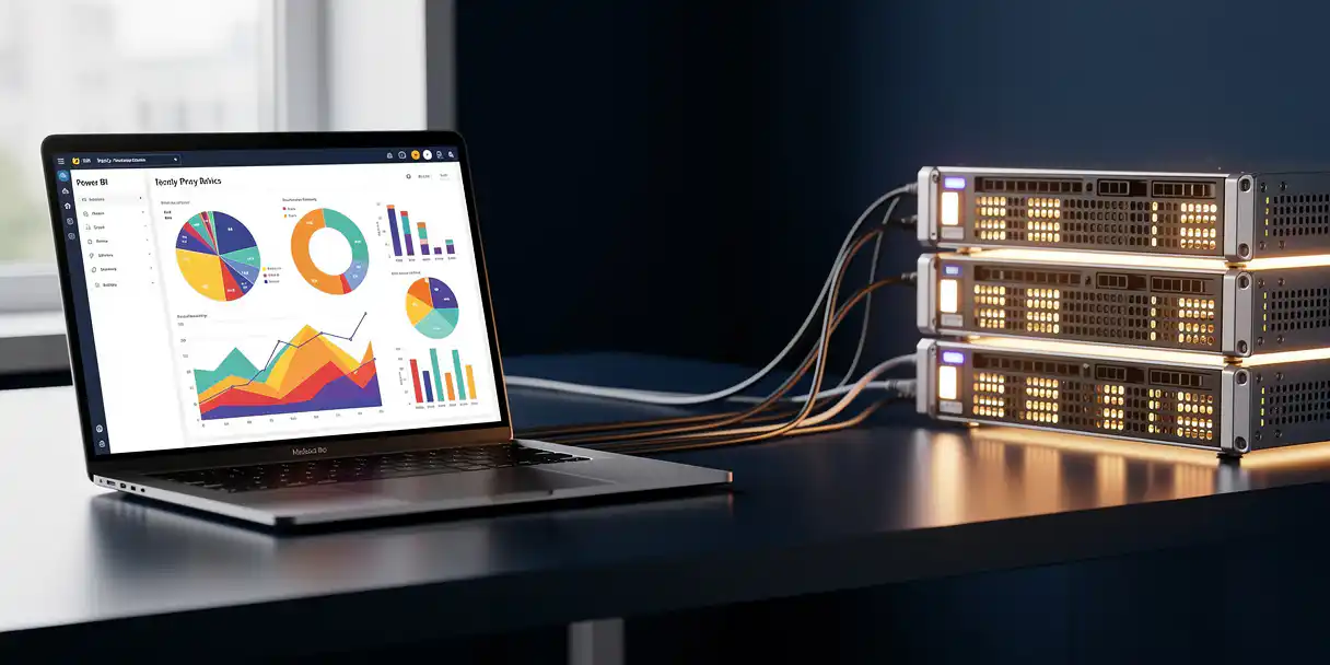 Power BI dashboard on a laptop beside stacked server nodes connected by cables, illustrating a data pipeline in a modern office setting.