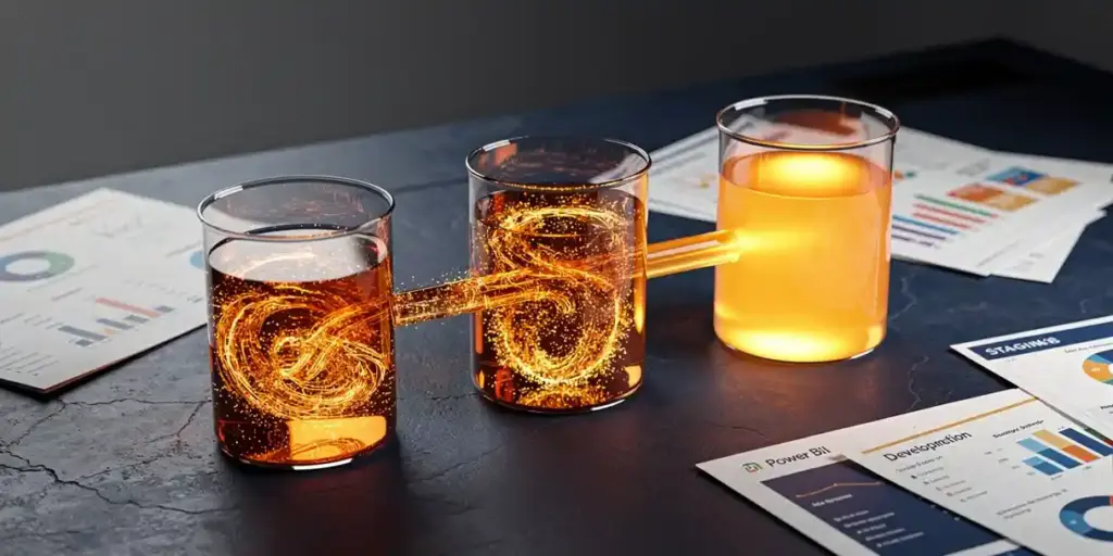 Amber data flowing through glass containers representing development, staging, and production pipeline stages on a dark desk with Power BI printouts nearby.