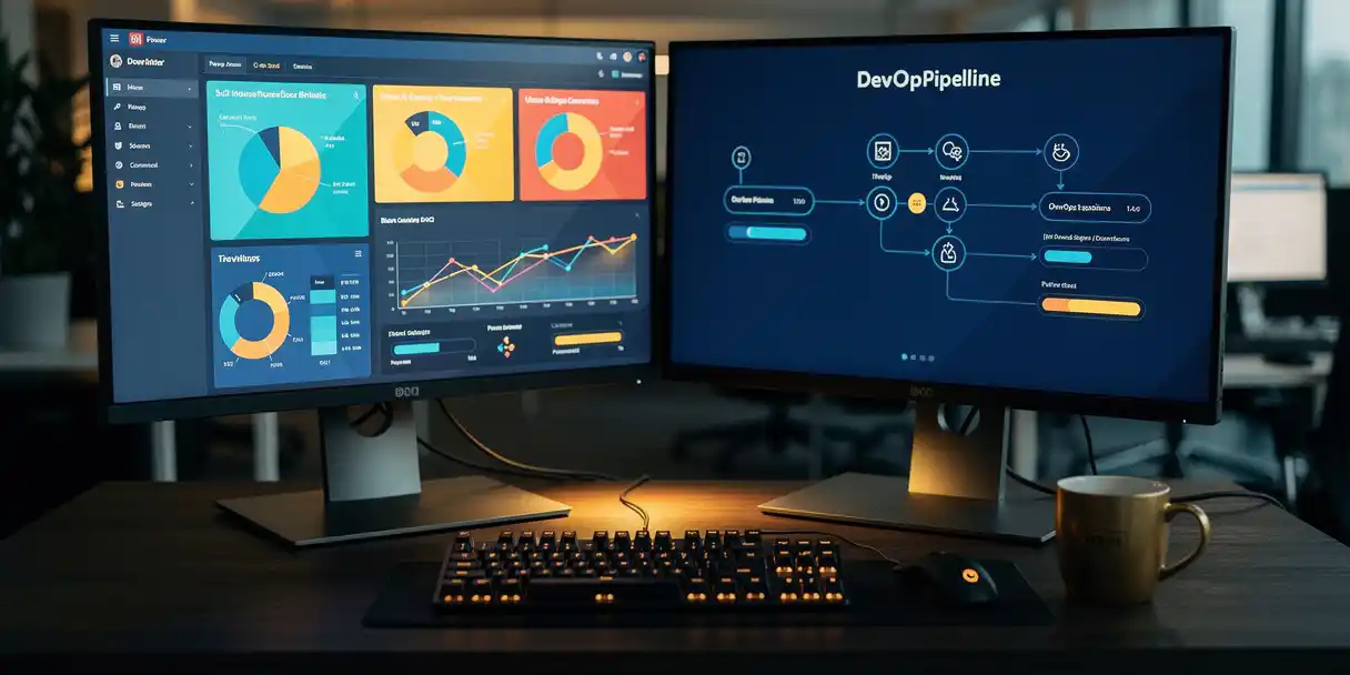 Developer workstation with dual monitors showing Power BI dashboards and DevOps pipeline, mechanical keyboard and coffee mug on dark oak desk.