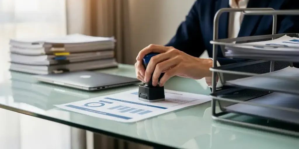 Project manager stamping approval on a printed dashboard report at a glass desk with stacked documents and laptop nearby.