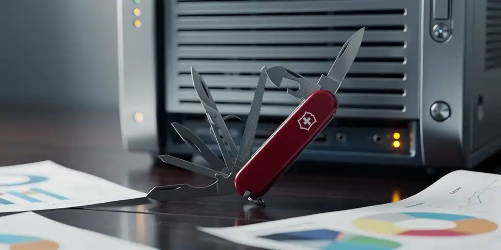 Swiss Army knife with ill-fitting attachments forced into a BI dashboard server rack, surrounded by Qlik data visualization printouts on a dark desk.