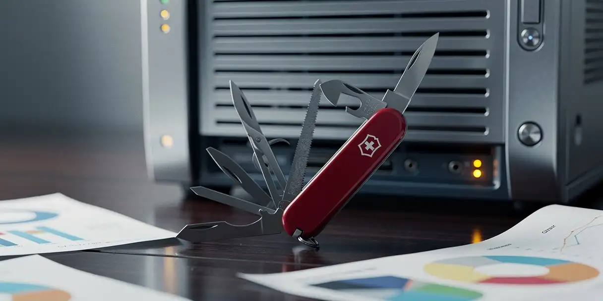 Swiss Army knife with ill-fitting attachments forced into a BI dashboard server rack, surrounded by Qlik data visualization printouts on a dark desk.