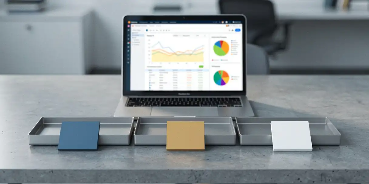 Laptop showing a Qlik dashboard on a modern desk beside three labeled trays representing development, testing, and production pipeline stages.
