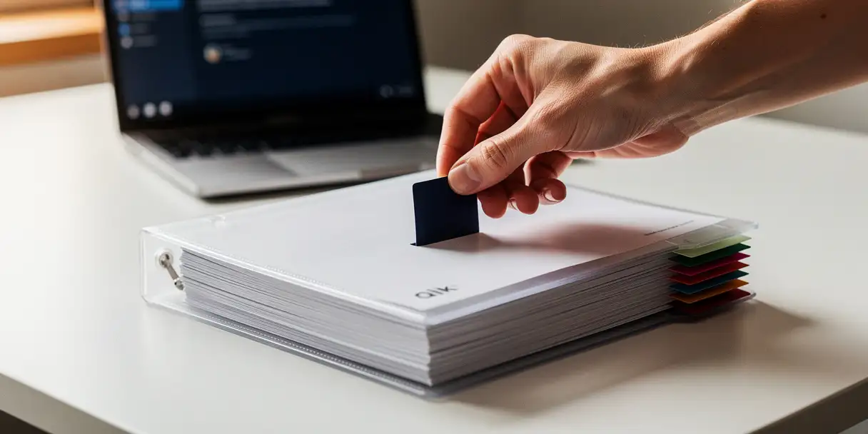 Developer's hand placing a bookmark between two Qlik dashboard printouts in a version-tabbed archive binder, laptop visible on white desk.