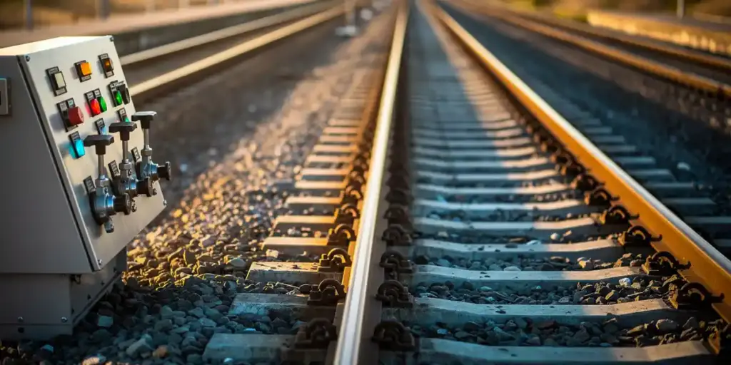 Two railway tracks merging into a single line at a junction, with a modern switch control panel beside weathered gravel and steel rails in warm golden light.