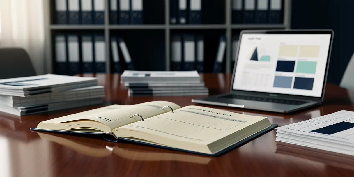 Open regulatory compliance binder on a conference table beside audit documents and a laptop showing dashboard charts, navy and grey tones.